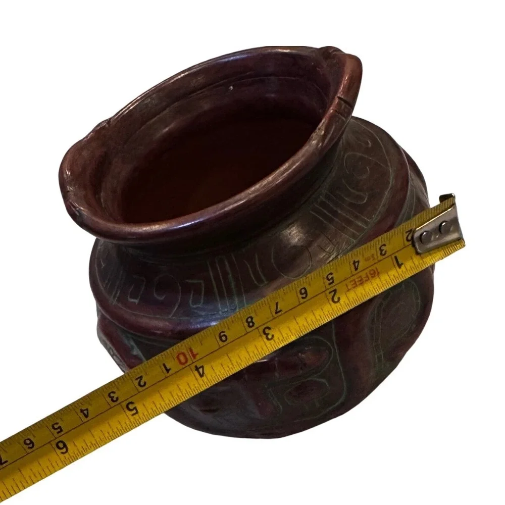 Handmade Red Clay Pottery Vessel Incised Tribal Face Design Green Accents 5